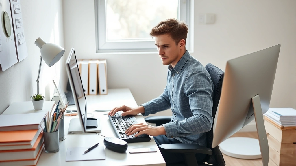 Person sitting at organized minimalist desk with natural window light, focused expression, hands on keyboard, calm professional workspace, photorealistic, bright daylight, no clutter, peaceful concentration