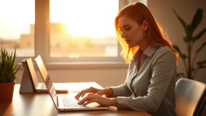 Professional woman at modern desk during golden hour morning light, laptop open, hands on keyboard, focused expression, natural sunlight streaming through window, minimalist workspace with plant, warm and energetic atmosphere, photorealistic