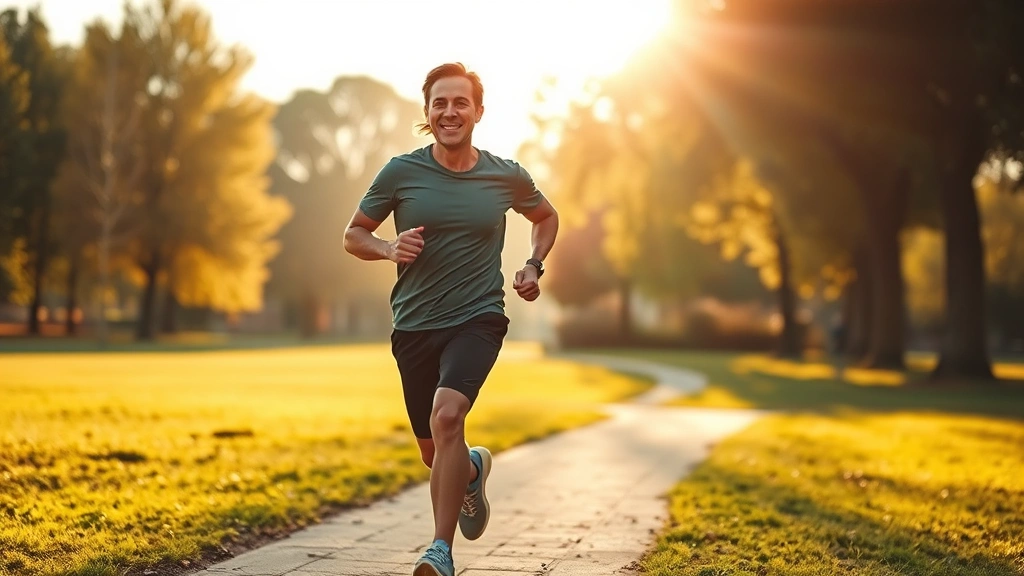 Active person jogging outdoors in morning sunlight through park, energetic expression, natural landscape, health and vitality, photorealistic, golden hour lighting, movement and wellness