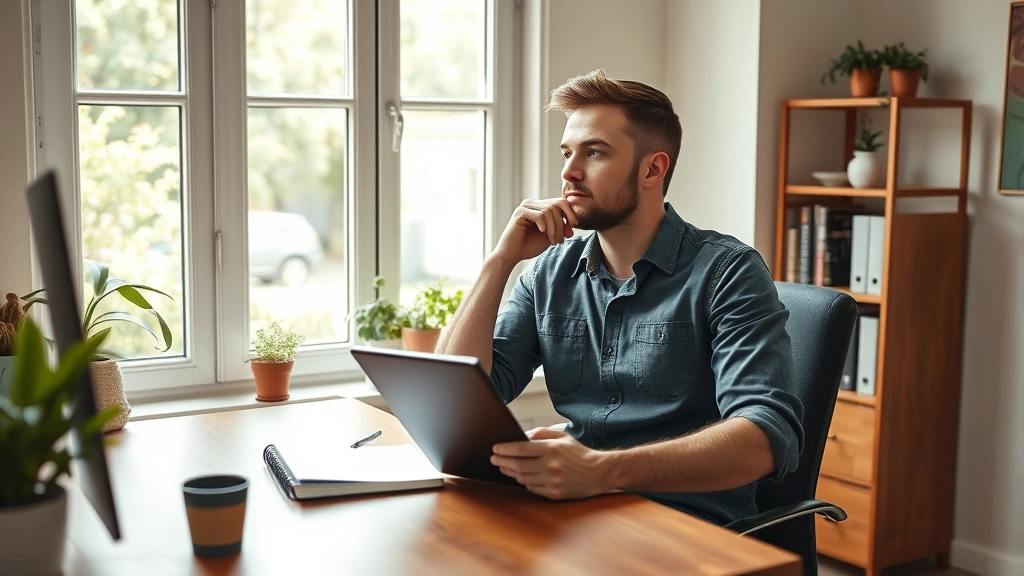 Man in casual clothing sitting at wooden desk with notebook, looking out window in thoughtful pose, bright natural lighting, peaceful home office environment, plants visible, inspiring and calm atmosphere, photorealistic