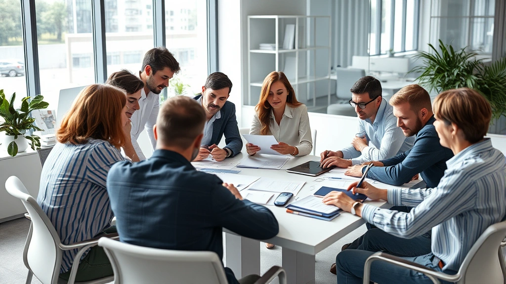 Diverse team collaborating around table with papers and devices, engaged discussion, natural daylight, modern office space, positive energy and focus, everyone appears productive and motivated, photorealistic