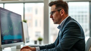 Professional investor analyzing growth charts on computer screen, focused expression, modern office environment, natural daylight, candid moment of decision-making, photorealistic professional photography