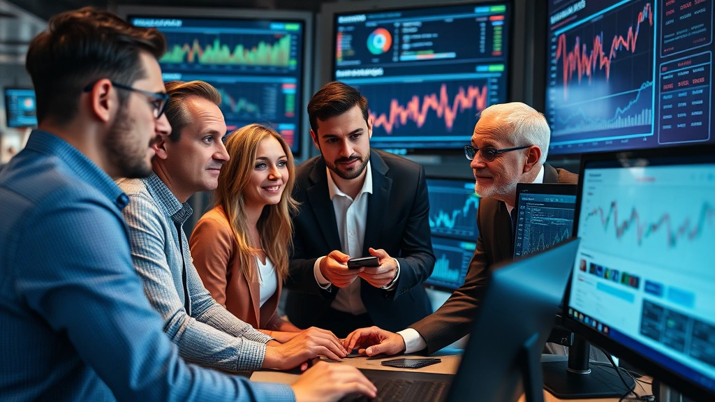 Diverse investment team reviewing portfolio performance data on multiple screens, collaborative discussion, focused concentration, modern financial technology environment, photorealistic business photography