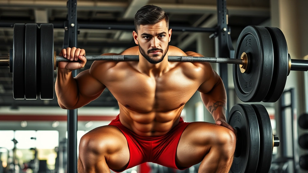 Muscular athlete performing a perfect barbell squat in a modern gym, focused expression, muscles engaged and defined, natural lighting highlighting physique, motivational intensity captured in facial expression and body positioning