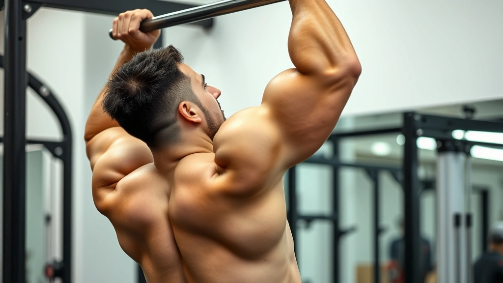 Fit individual performing pull-up with excellent form, back muscles clearly engaged and defined, determined facial expression, gym setting with equipment visible, dynamic strength and power demonstrated in body position and muscle engagement