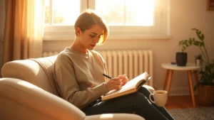Person sitting in sunlit room with journal and coffee, writing goals with focused expression, warm natural lighting, peaceful workspace environment, self-improvement scene