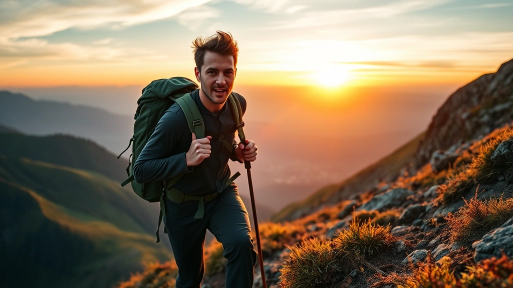 Adult climbing mountain trail at sunrise with backpack, determined expression, scenic landscape background, overcoming obstacles metaphor, personal achievement imagery