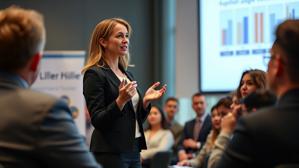 Professional woman in business attire speaking confidently at presentation, engaged audience, successful communication body language, emotional intelligence display, leadership moment
