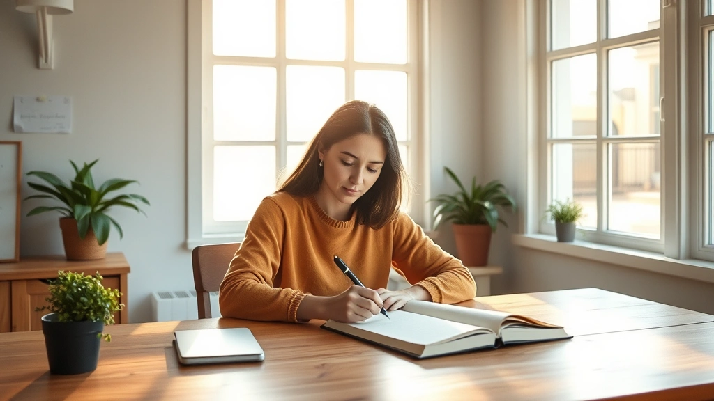 A person sitting at a wooden desk in morning sunlight, writing in a journal with a focused, peaceful expression. Warm light streams through large windows. Minimalist, calm workspace with plants. Photorealistic, emphasizing intentional productivity and strategic planning.