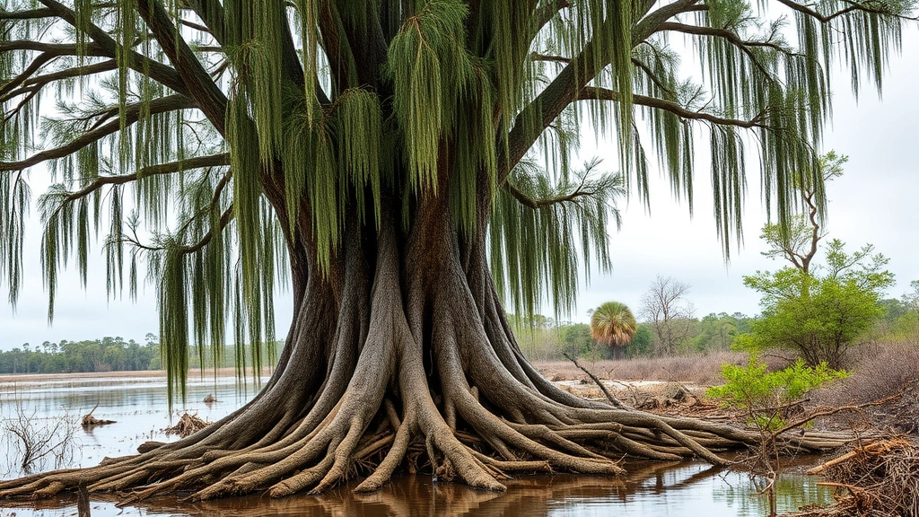 A strong, mature bald cypress tree with exposed roots in wetland environment, demonstrating deep foundational strength. Natural landscape, overcast sky, visible root system. Photorealistic nature photography capturing resilience and stability in challenging conditions.