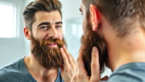 Man examining full, healthy beard in mirror with confident expression, natural bathroom lighting, professional grooming setting, close-up of facial hair texture and shine