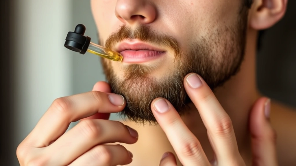 Person applying beard oil with dropper to chin area, hands visible demonstrating product application, warm lighting highlighting beard density, calm focused expression