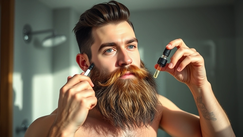 Man applying premium beard growth serum to full, thick beard in modern bathroom with natural lighting, focused, determined expression, professional grooming routine