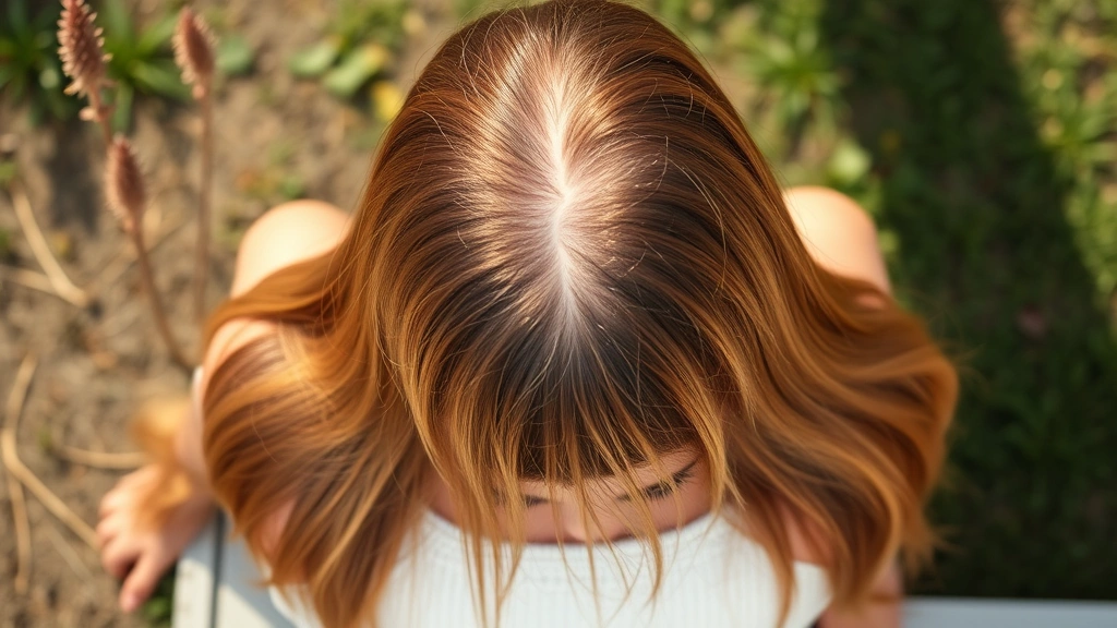 Top-down view of a woman with beautiful long hair from behind, sitting outdoors in natural sunlight, healthy scalp visible, peaceful expression, emphasizing hair health and growth