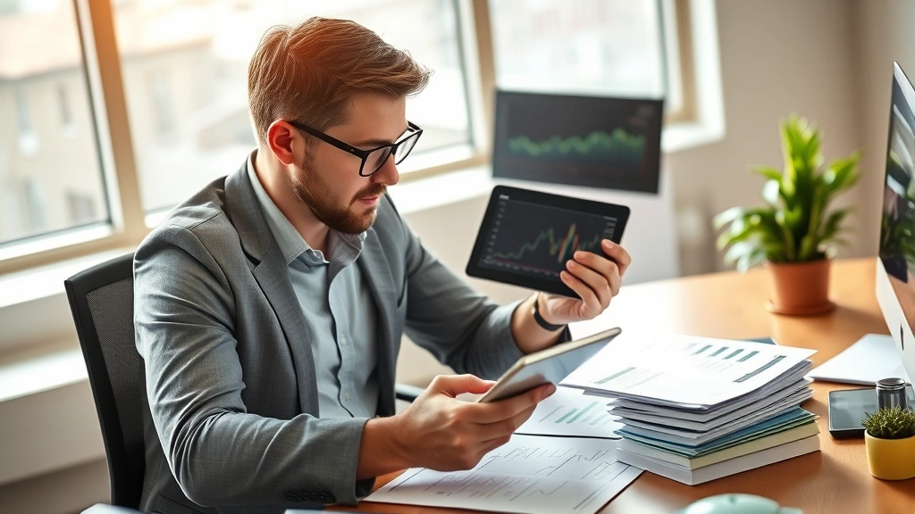 Professional investor reviewing financial charts and dividend data on tablet, seated at modern desk with natural light, focused expression, surrounded by financial documents, photorealistic, personal wealth growth theme