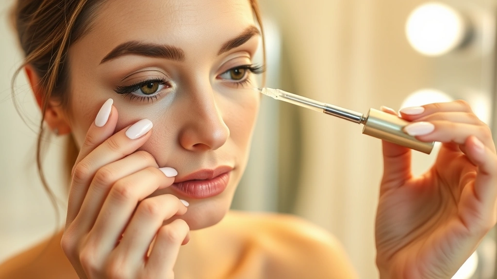 Woman applying eyelash serum with applicator brush to lash line at evening skincare routine, focused technique showing proper application method, warm bathroom lighting