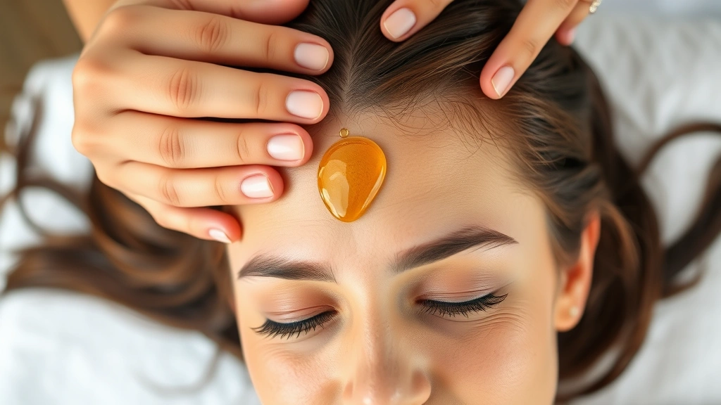 Hands massaging scalp with oil drops visible, person receiving hair treatment, relaxed facial expression, natural lighting, showing scalp health improvement, professional spa setting