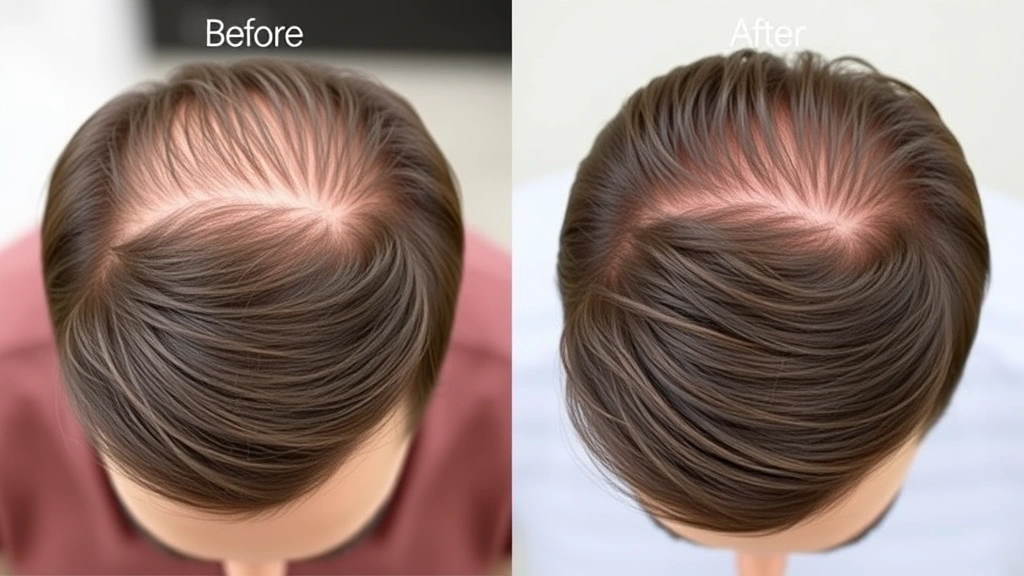 Before and after hair density comparison, showing fuller hairline and thicker strands, person from top-down view, natural daylight, healthy scalp visible, professional presentation