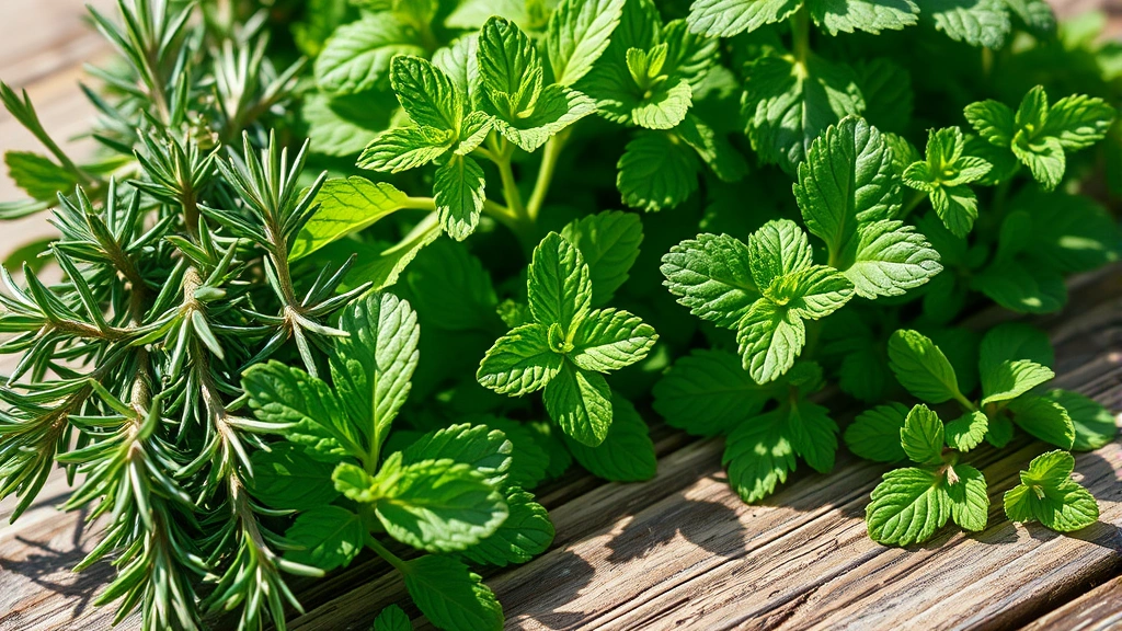Close-up of lush green herbs in natural sunlight including rosemary, peppermint, and nettle leaves on rustic wooden surface, photorealistic detail, natural lighting, no text or labels