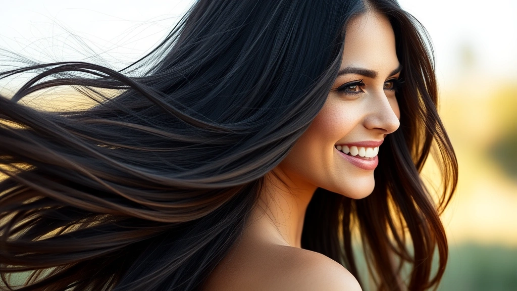 Woman with thick, healthy, shiny dark hair flowing naturally in soft natural light, smiling confidently, side profile showing hair volume and shine, professional photography style, serene background