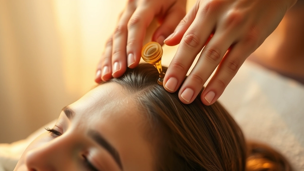 Hands massaging scalp with herbal oil, warm golden lighting, showing gentle circular massage technique on relaxed person, close-up detail of hair and scalp care, peaceful wellness aesthetic