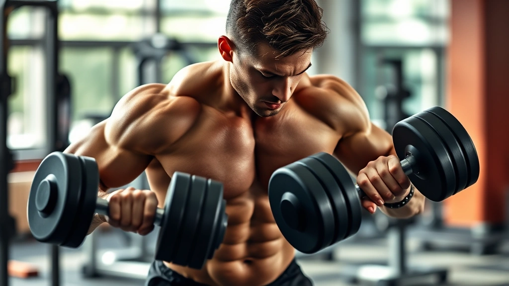 Fit male athlete performing resistance training with dumbbells, focused intensity during workout, gym setting with natural daylight, demonstrating progressive overload and muscle development