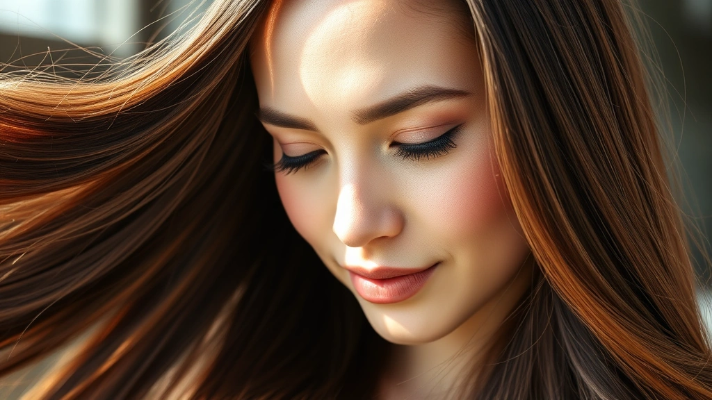 Woman with thick, healthy flowing hair in natural sunlight, close-up of scalp showing vibrant hair strands, serene expression suggesting wellness and confidence, professional salon setting, photorealistic high quality