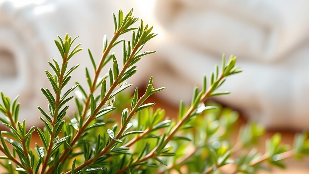 Rosemary herb sprigs with water droplets, fresh green botanical, macro photography style, morning light illuminating leaves, blurred spa-like background with towels, photorealistic natural beauty