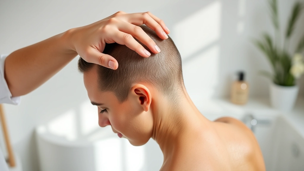 Person massaging scalp with fingertips, gentle circular motion technique, healthy scalp visible, spa-like bathroom setting with natural lighting, calm focused expression, professional demonstration of proper hair care