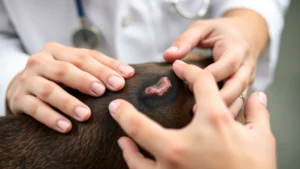 Close-up of a veterinarian's hands gently examining a dog's dark skin lesion during a professional health check, showing careful diagnostic evaluation and compassionate pet care