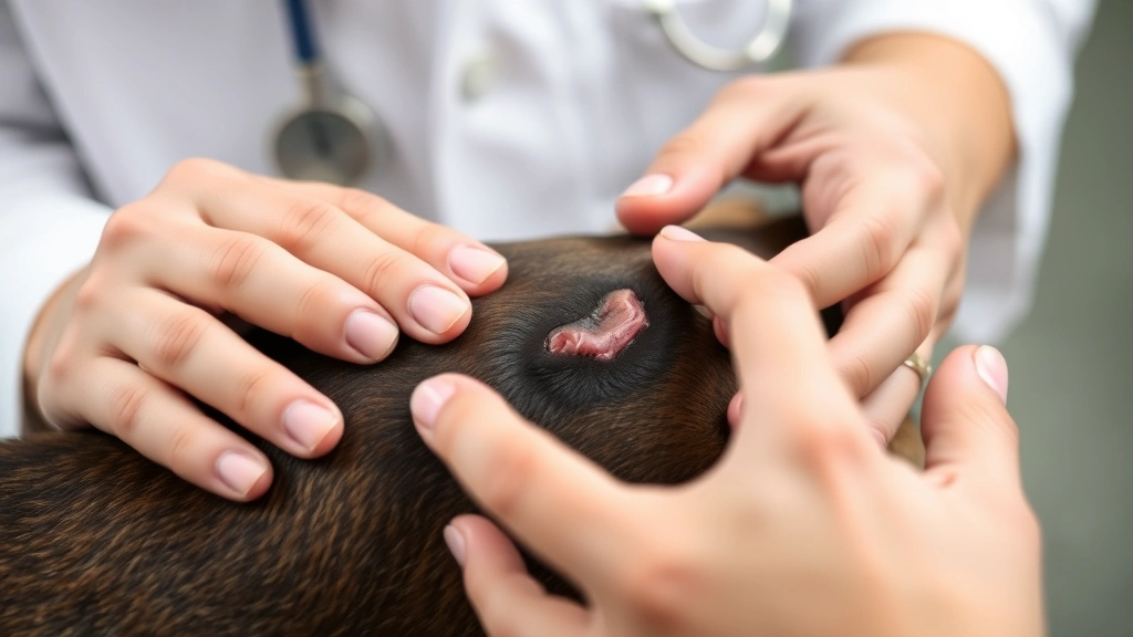 Close-up of a veterinarian's hands gently examining a dog's dark skin lesion during a professional health check, showing careful diagnostic evaluation and compassionate pet care