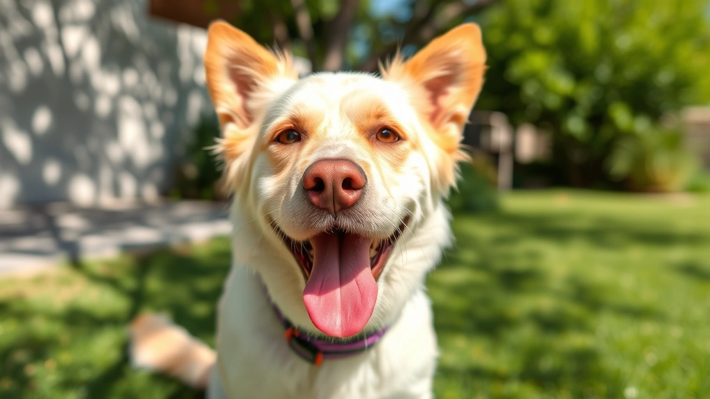 A healthy, happy dog playing outdoors in shaded area with protective sunscreen applied, demonstrating preventive care and sun protection measures for skin health