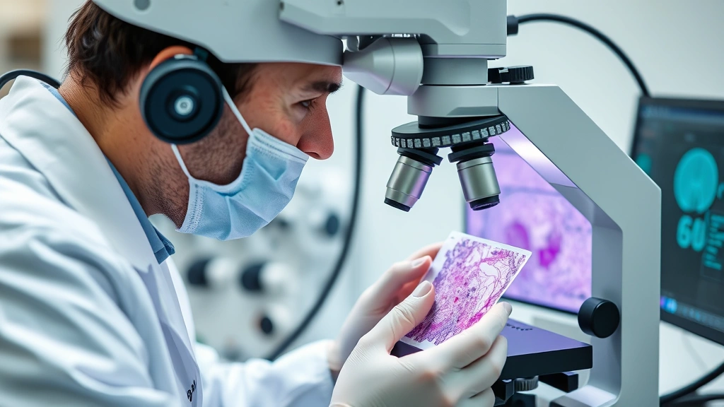 Veterinary pathologist examining tissue sample under microscope with professional medical equipment, representing diagnostic biopsy and histopathology analysis process
