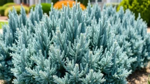 A healthy Blue Point juniper with vibrant blue-gray foliage in full sunlight, showing dense compact columnar growth form in a residential landscape garden setting