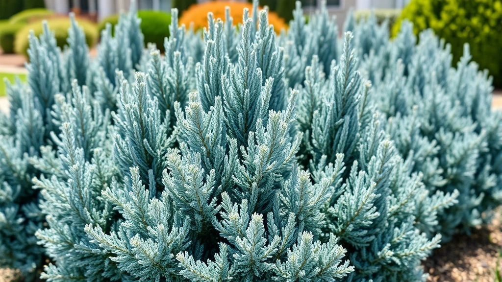 A healthy Blue Point juniper with vibrant blue-gray foliage in full sunlight, showing dense compact columnar growth form in a residential landscape garden setting