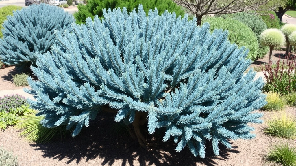 A mature Blue Point juniper specimen displaying full growth potential with dense branching structure and rich blue coloration, planted in a sunny garden location with other complementary landscape plants