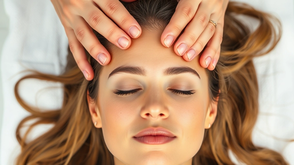 Woman receiving professional scalp massage with focused expression of relaxation and rejuvenation, hands visible performing circular motions on scalp, natural lighting, close-up showing hair texture and scalp health