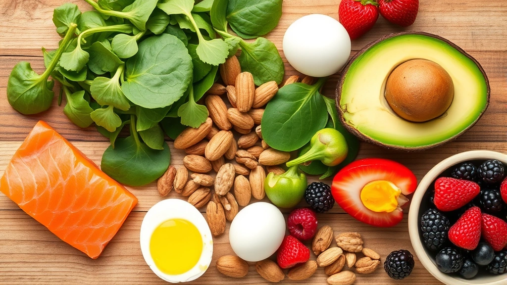 Vibrant overhead shot of healthy nutrient-rich foods arranged on wooden surface: salmon, spinach, nuts, eggs, berries, avocado, emphasizing whole foods for hair growth nutrition