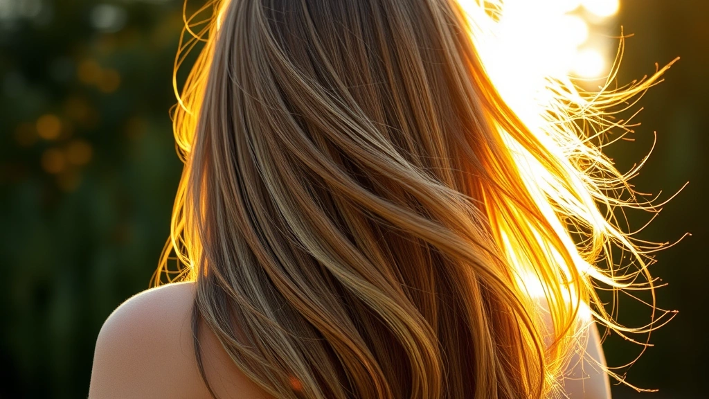 Person with visibly thick, healthy, shiny hair flowing naturally in sunlight, showing hair volume and vitality, natural outdoor setting with golden hour lighting, back view emphasizing hair length and density
