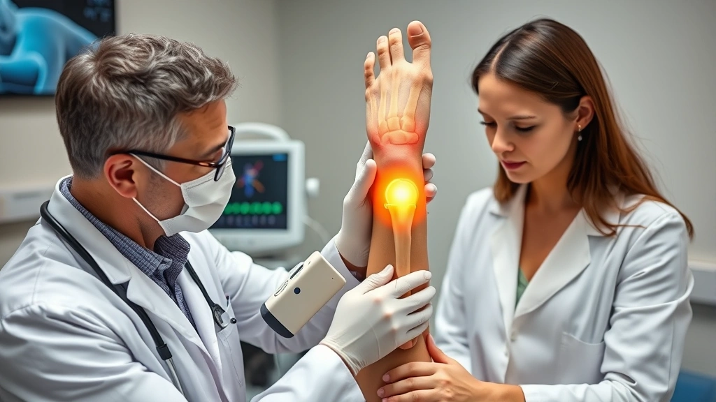 Professional orthopedic specialist examining patient's leg with external bone stimulation device, clinical setting, focused assessment, modern medical equipment visible