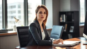 Professional woman sitting at desk looking thoughtful and determined, morning sunlight through window, modern office setting, confident posture transitioning from doubt to clarity, no text or journals visible