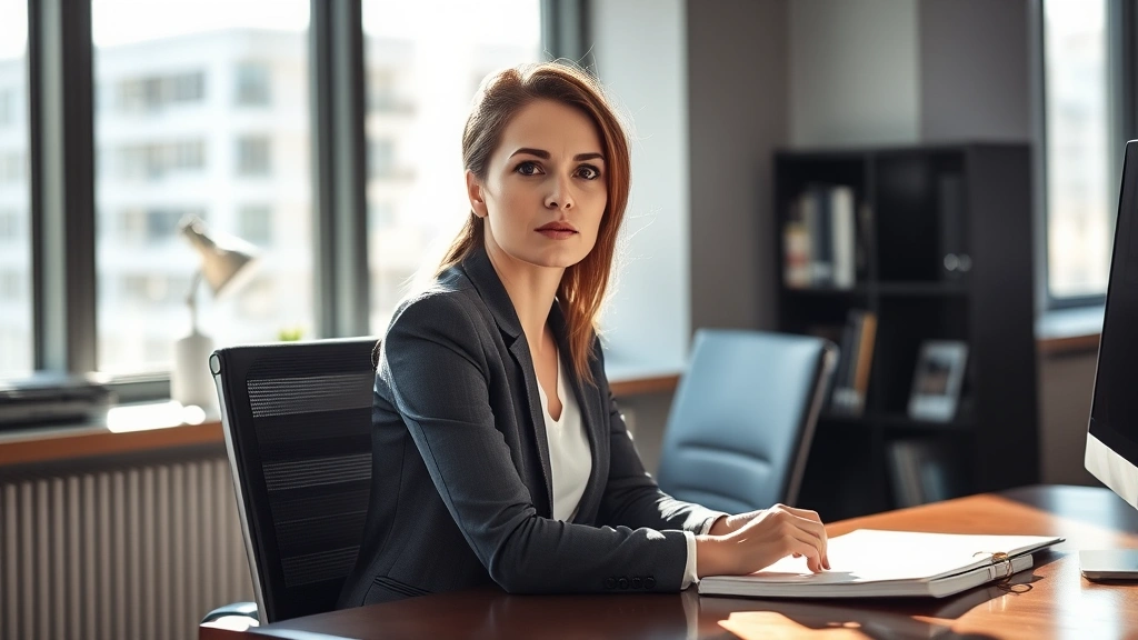 Professional woman sitting at desk looking thoughtful and determined, morning sunlight through window, modern office setting, confident posture transitioning from doubt to clarity, no text or journals visible