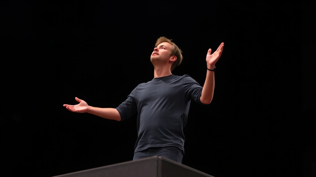 Person standing at edge of stage or platform looking outward with expression of courage and determination, overcoming fear, hands relaxed, natural lighting, empowering moment captured, no visible text