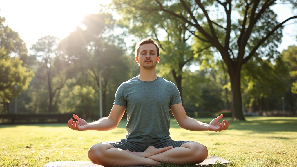 Individual in meditation pose or reflective posture in natural setting like park or garden, peaceful expression, sunlight filtering through trees, moment of mindful acceptance and inner strength, no text elements