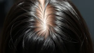 Close-up of healthy scalp with dense hair strands in natural sunlight, showing texture and vitality, person from behind with shoulder-length dark hair appearing full and thick