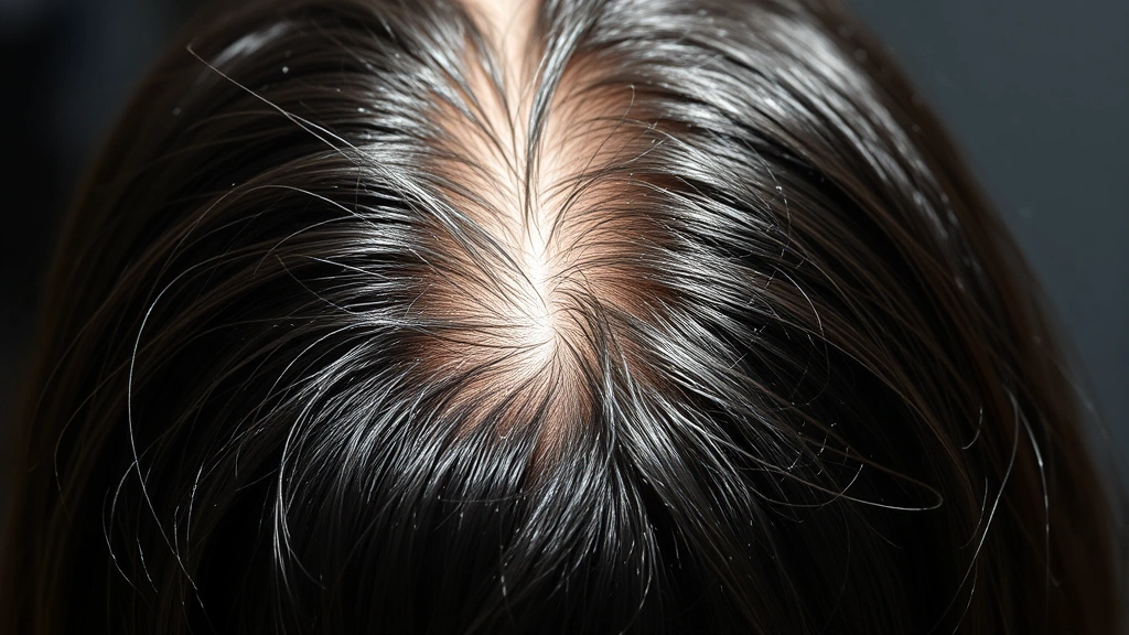 Close-up of healthy scalp with dense hair strands in natural sunlight, showing texture and vitality, person from behind with shoulder-length dark hair appearing full and thick