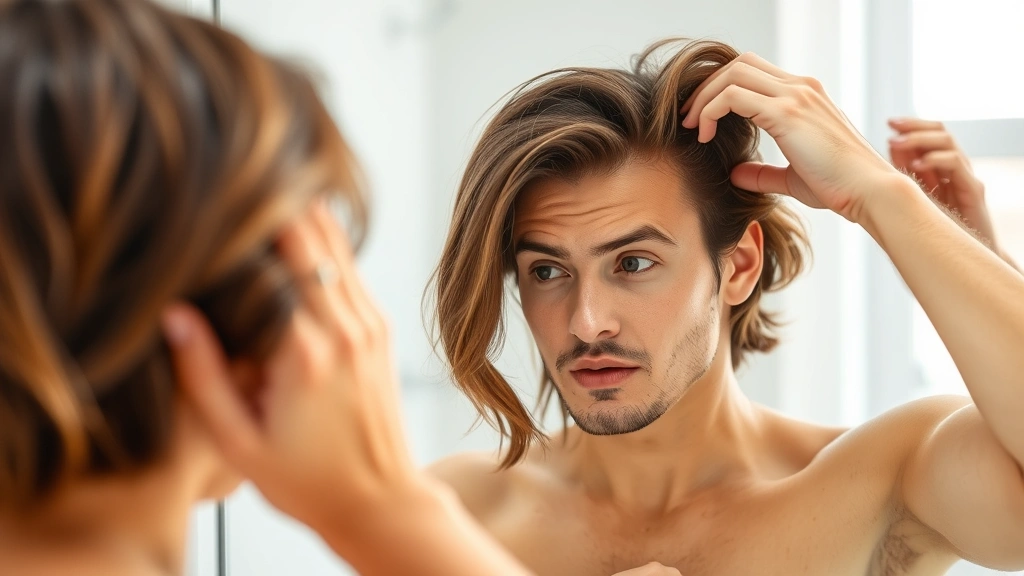 Person examining their hair in mirror with thoughtful expression, hand touching hair near temples, natural bathroom lighting, conveying assessment and personal care routine