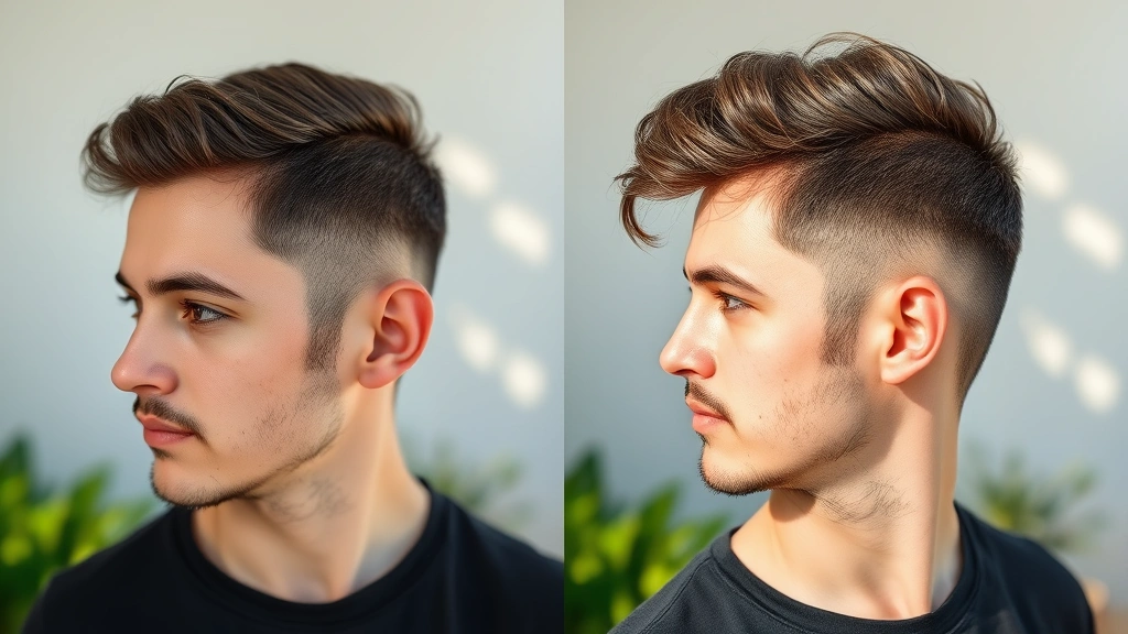 Split-screen comparison showing progression of hair density over time, person's profile view demonstrating fuller hair appearance, natural outdoor lighting emphasizing hair health and growth