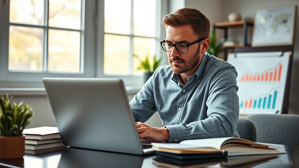 Professional adult in modern home office deeply focused on laptop work, surrounded by growth charts and progress notebooks, natural morning light through windows, determined expression showing concentration and purpose