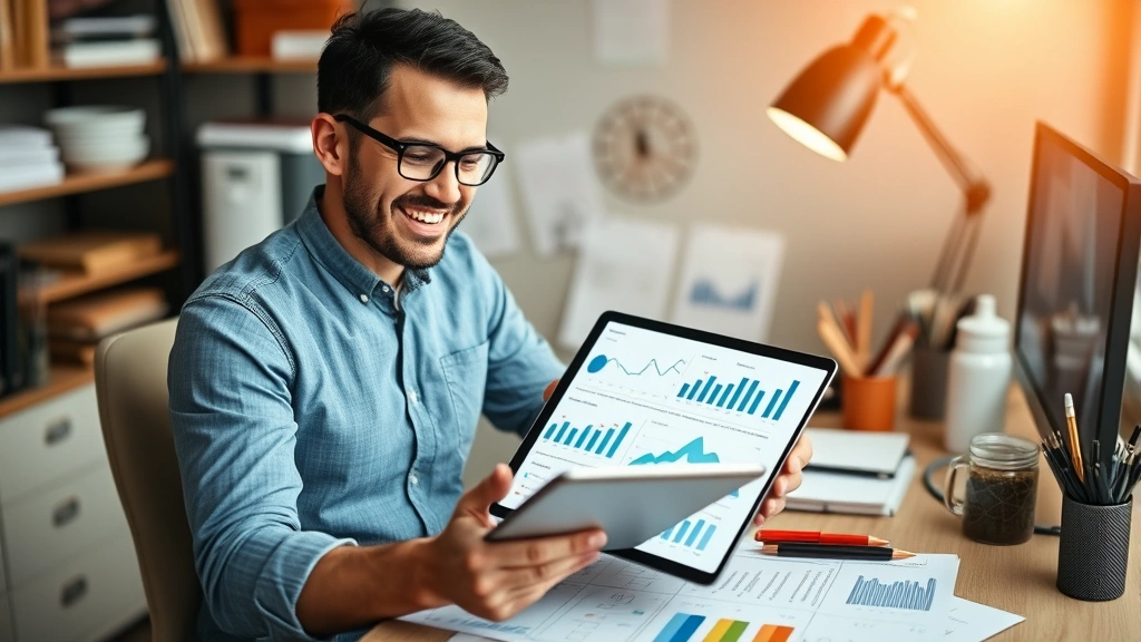 Person reviewing detailed progress charts and metrics on tablet while sitting at organized desk with development resources, warm lighting, satisfied expression reflecting achievement and systematic advancement